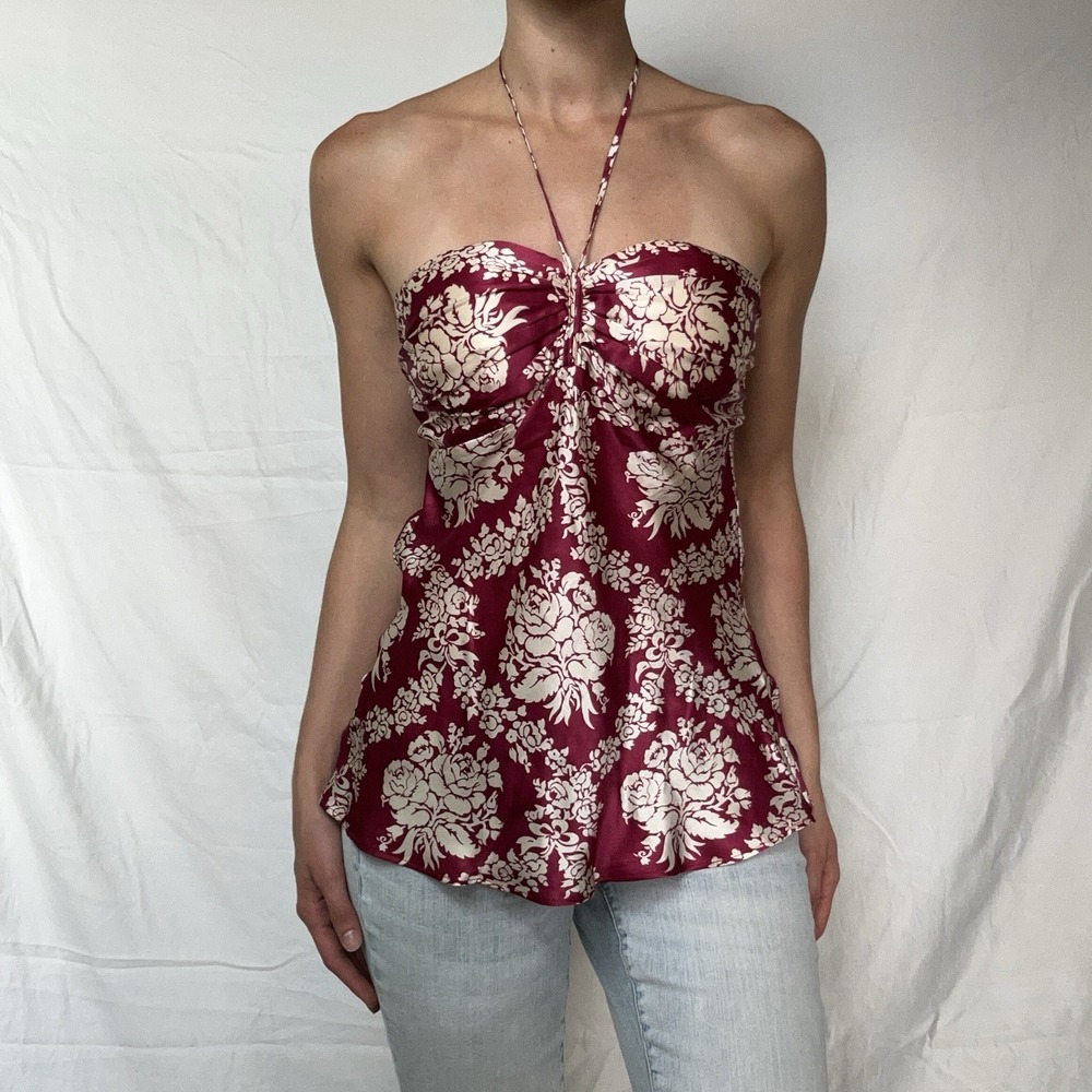 Y2K Charlotte Russe Floral Silk Top Red Fairy Feminine Dainty Romantic